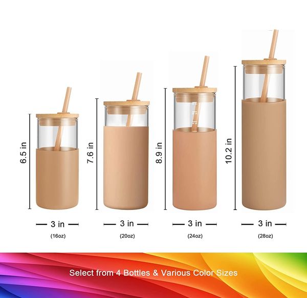 

16oz 20oz 24oz 28oz glass tumbler glass water bottle straw silicone protective sleeve bamboo lid - bpa free
