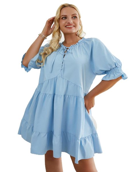

simplee plus frilled tie neck puff sleeve ruffle hem smock dress s0rf#, Black