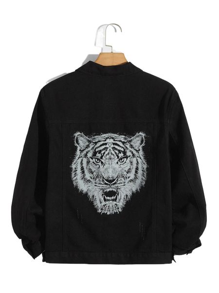 

men tiger print flap pocket denim jacket without tee 33iy#, Black;brown