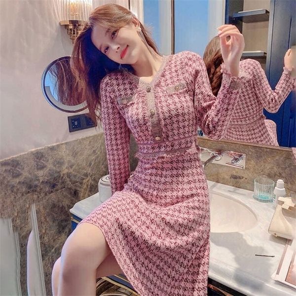 

runway fall winter korean houndstooth tassel sweater womens high end dress elegant female luxury bodycon knitted dress vestido 220817, Black;gray