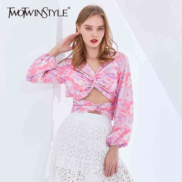 

hollow out short blouse for women v neck lantern long sleeve backless print shirt female fashion clothing 210423, White