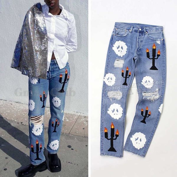 

501 gman vintage denim tears candlestick cotton embroidery washed damaged straight leg jeans pants, Blue