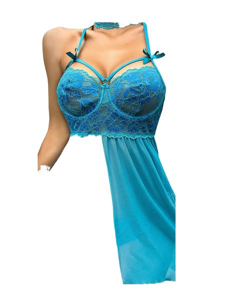 

3pack contrast lace bow front split hem mesh lingerie set 56je#, Black;red