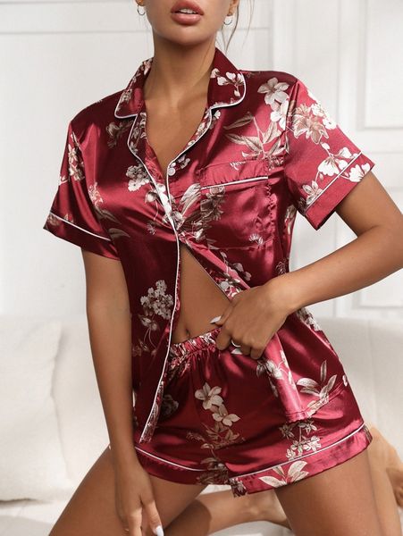 

floral print contrast piping satin pj set t7vo#, Black;red