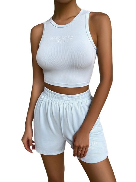 

ribbed knit solid crop tank & track shorts z6ty#, White