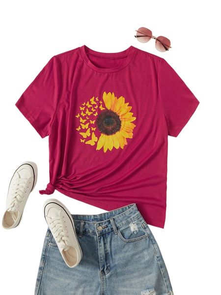

plus butterfly & sunflower print tee z6bn#, Black