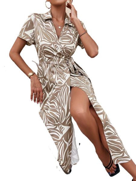 

allover print knot side wrap dress 71gf#, Black;gray
