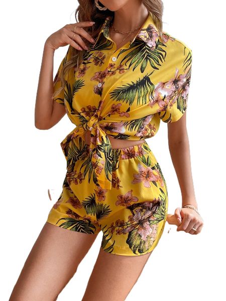 

tropical print drop shoulder blouse & shorts n1sp#, White