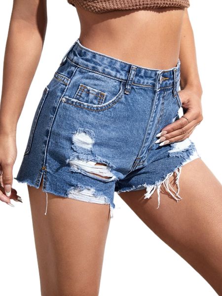 

high waist ripped raw cut split hem denim shorts e4ua#, White;black