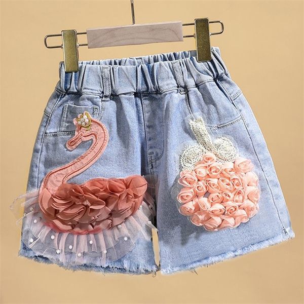 

baby summer cotton denim shorts pants toddler kids cute swan flower soft jeans for teenager girls children clothing 220617, Black