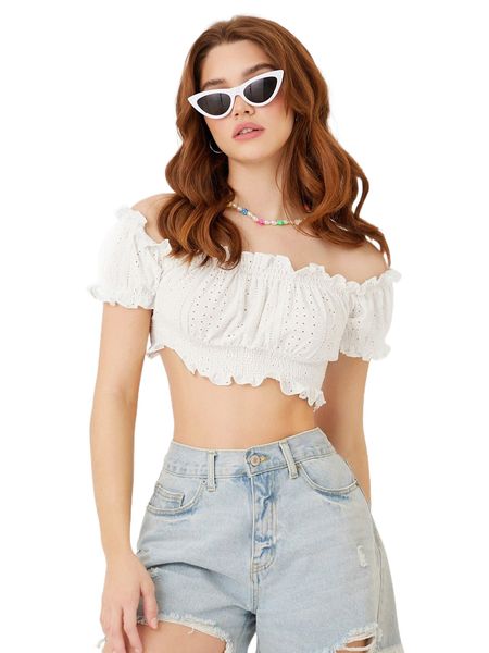 

off shoulder frill eyelet embroidery crop l7rh#, White