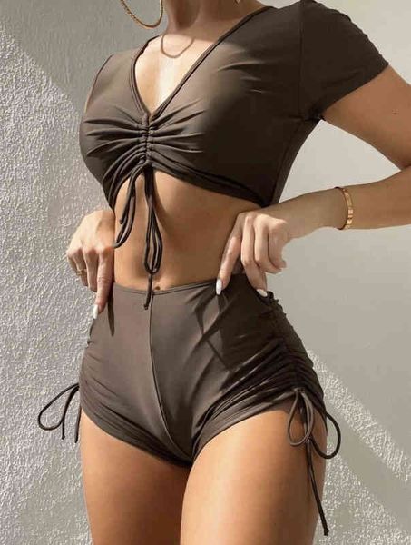 

pleated 2022 split tie rope solid color swimsuit bikini, White;black