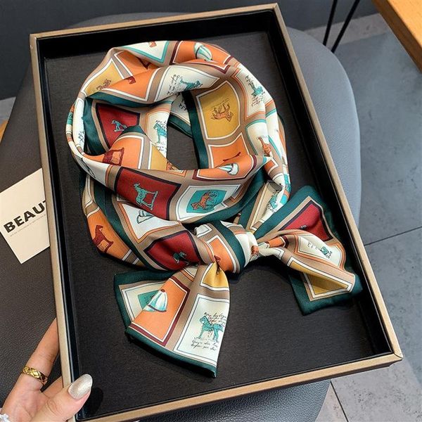 

scarves 2021 fashion floral print silk scarf women thin neck long office lady shawl bandanas female bag hair scarfs handkerchief2925, Blue;gray