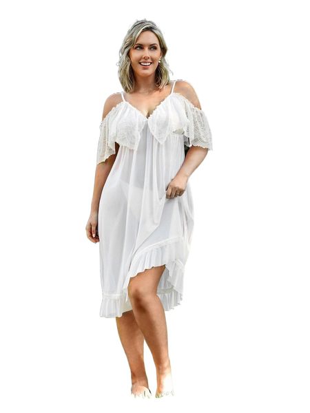 

plus contrast lace cold shoulder ruffle hem nightdress r4q7#, Black;white