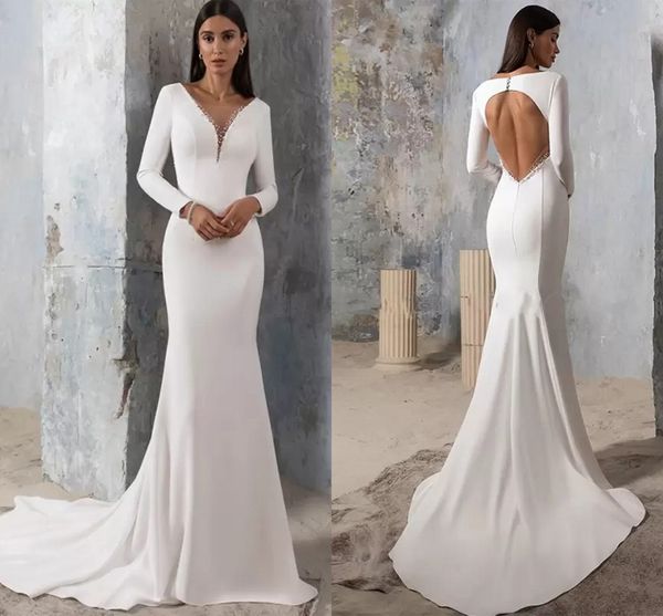 

2022 mermaid wedding dresses soft satin elegant v-neck beading open back sweep train bridal gowns dubai vestidos de novia, White