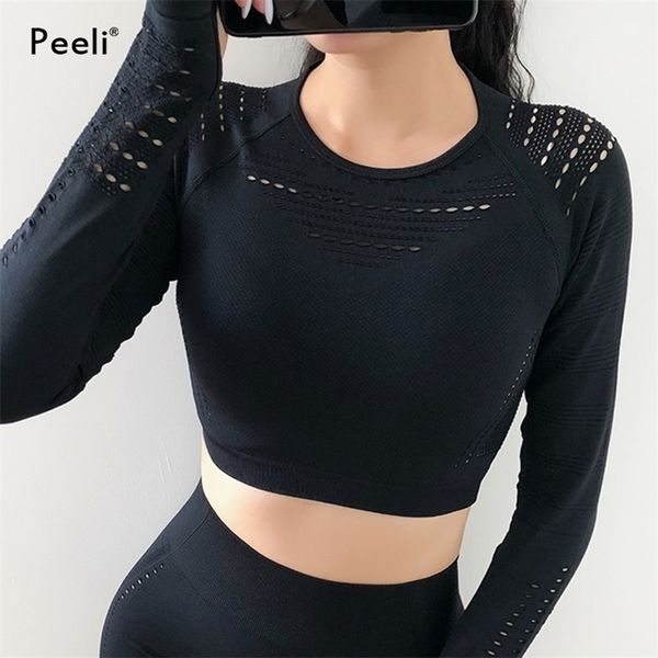 

peeli seamless yoga women knit workout fitness long sleeve gym crop sport shirt female running active wear t200401, White