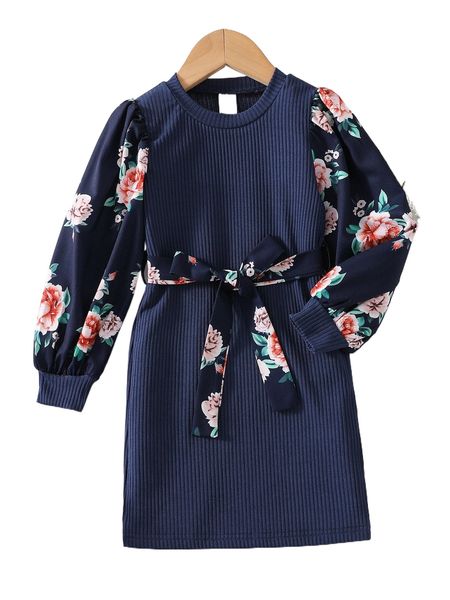 

toddler girls floral print belted dress 79jw#, Black;white