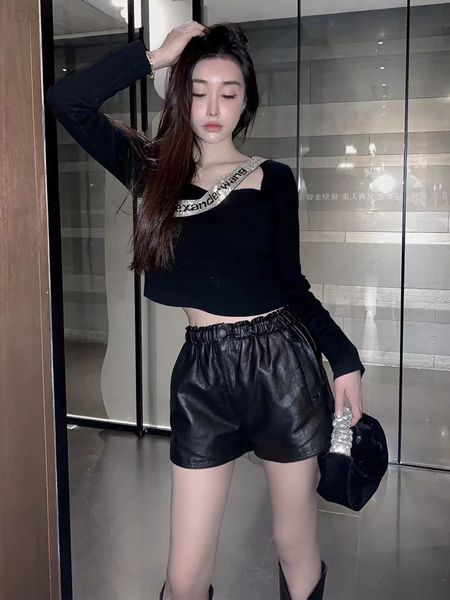 

women's t-shirt designer aw dawang family drill letter knitted bottoming shirt women's long sleeve t-shirt short autumn and winter, White