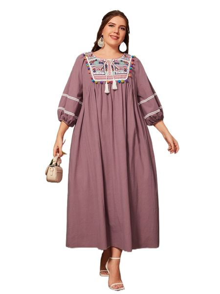 

plus embroidery panel tassel tie neck pom pom trim dress v4zu#, Black