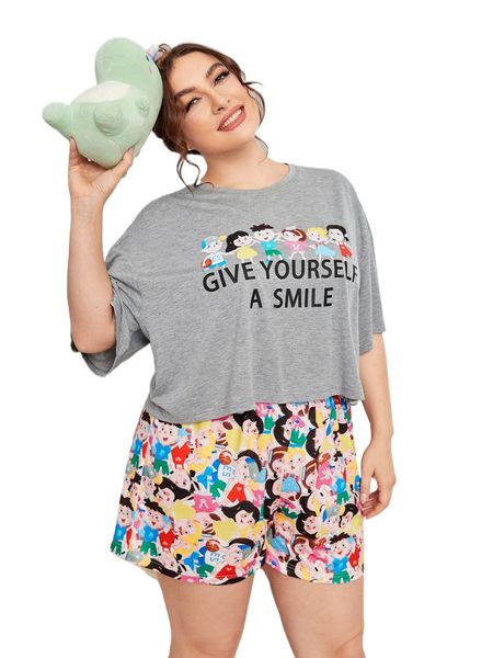 

plus slogan & figure graphic drop shoulder pj set u3rz#, Black;white
