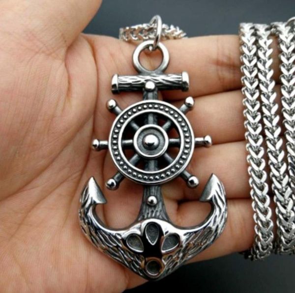 

pendant necklaces hip hop punk ship captain wheel rudder with anchor nautical charm necklace for men fashion jewelry, Silver