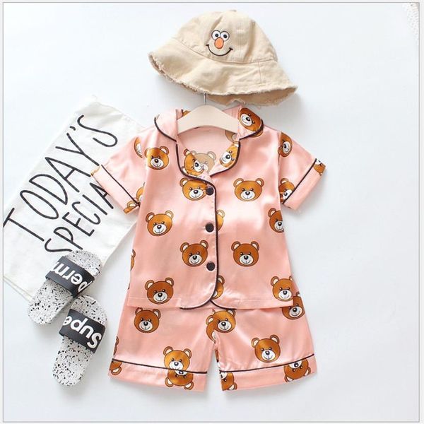 

2022 new summer children's pajamas sets boys girls cartoon bear home wear kids two-piece set short-sleeved suit child home cl2256, Blue;red