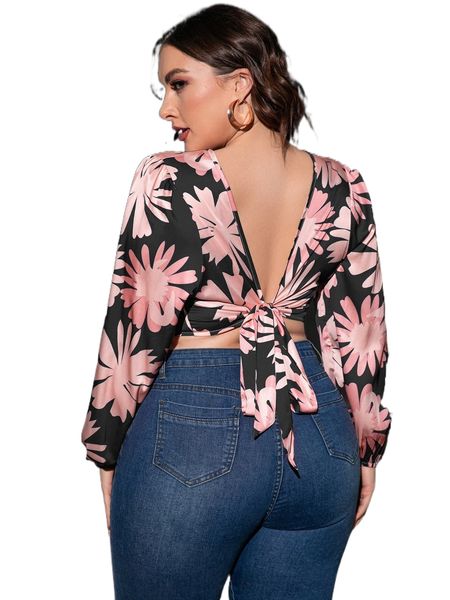 

plus floral print tie back lantern sleeve crop blouse q4uv#, Black