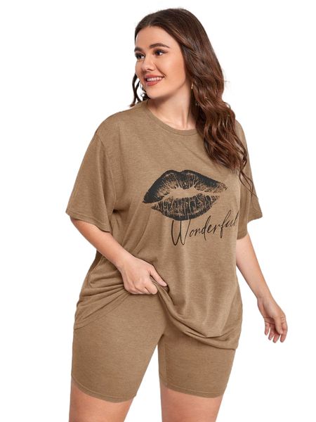 

plus mouth print tee & biker shorts pj set e6wk#, Black;white