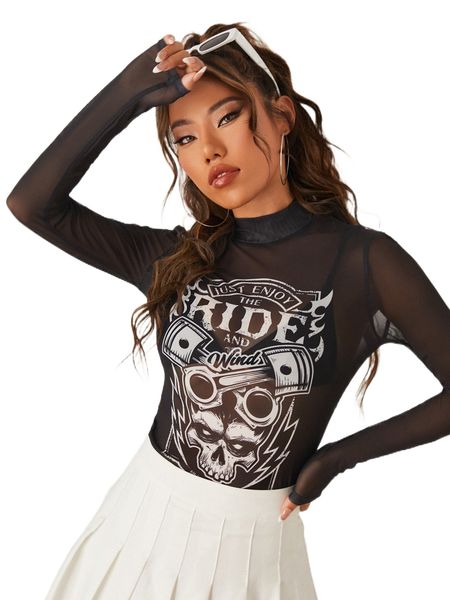 

x vecster skull & letter graphic sheer mesh mock neck without bra z8eb#, White
