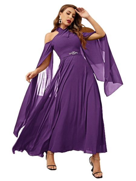 

halterneck split sleeve chiffon a-line dress z5dg#, Black;gray