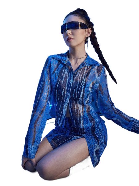 

romwe cyber luvr allover print shirt & split hem skirt k6ip#, White