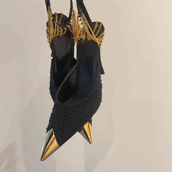 

sandals women's fashion designer sandals black summer shoes pointed cliff high heels party chains decorations
