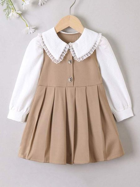 

little girl lace exaggerated neckline pleated hem dress she, Red;yellow