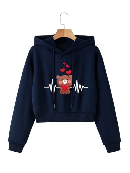 

cartoon & heart print thermal drawstring hoodie v37g#, Black