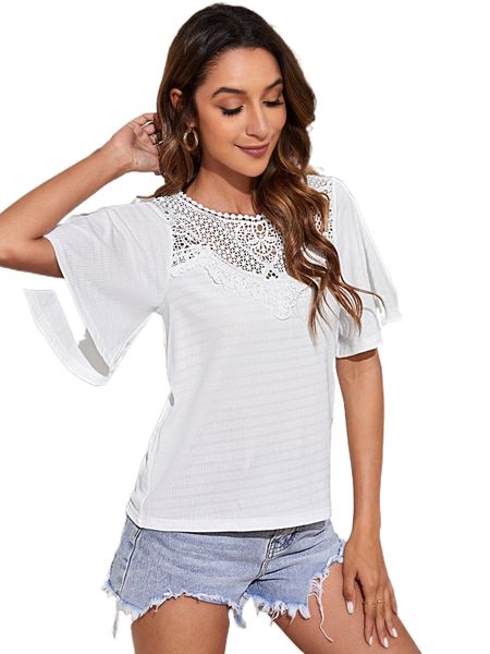 

guipure lace panel butterfly sleeve tee u98w#, White
