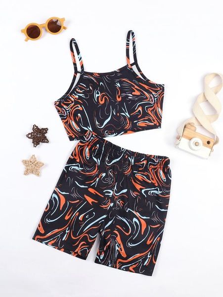 

girls 1pc marble print cami & 1pc biker shorts she, White