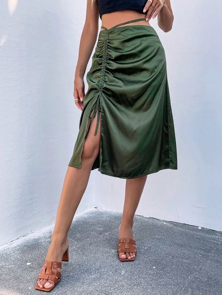 

drawstring split thigh satin skirt 40lq#, Black