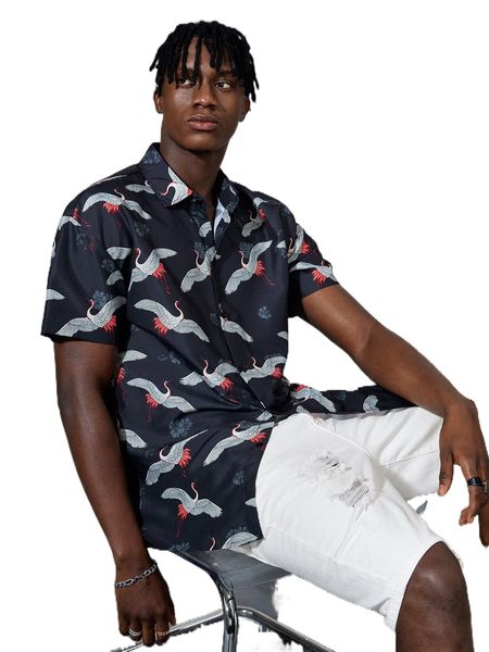 

men random crane print shirt f9kw#, White;black