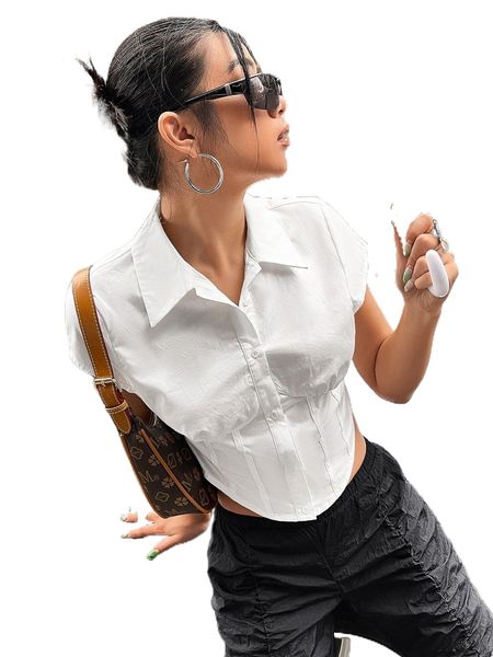 

solid button front shirt h4xe#, White