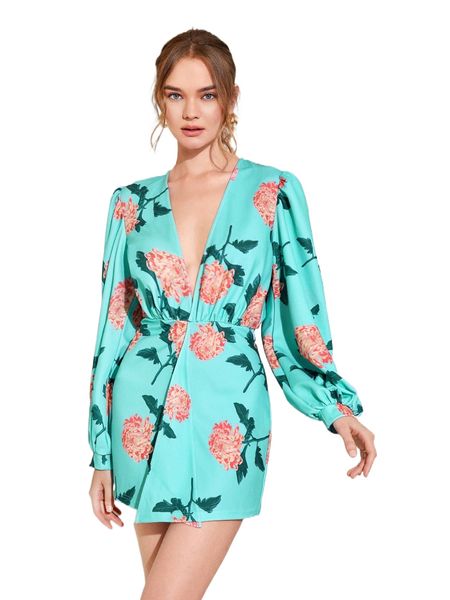 

x taii bangkok floral print deep v neck wrap dress x5sf#, Black;gray
