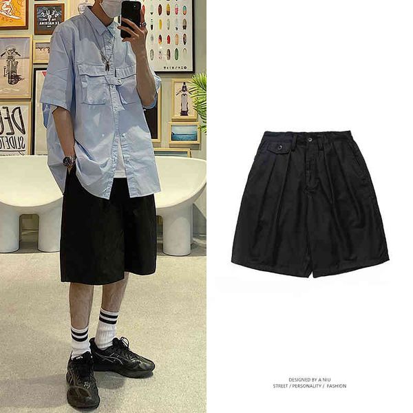 

guochao brand work clothes shorts wear ins loose hip-hop leisure trend wide leg suit five point trousers outside in summer, Black