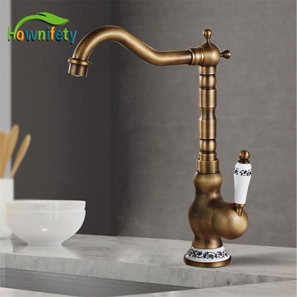 

antique brass kitchen faucet & cold mixer tap single hole bathroom faucet rotatable crane blue and white porcelain handle t200423