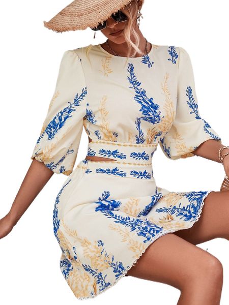

plant print cut out tie back lantern sleeve dress e1yw#, Black;gray