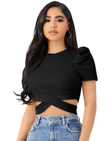 

puff sleeve crisscross hem crop tee x1fe#, White