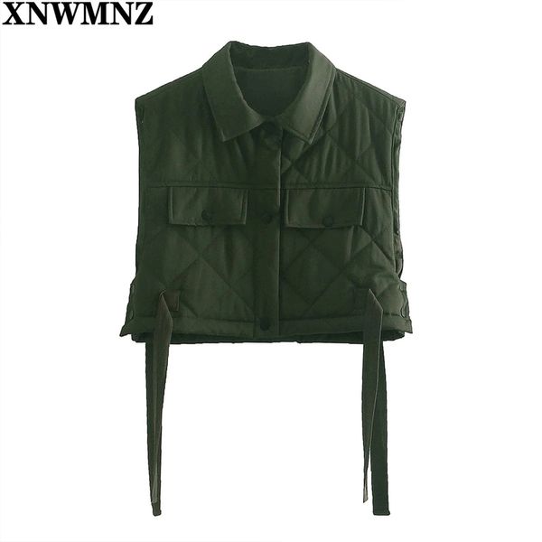 

xnwmnz stylish chic green pocekts quilting cropped vest women fashion side buttons tie turndown collar waistcoat chic 210513, Black;white