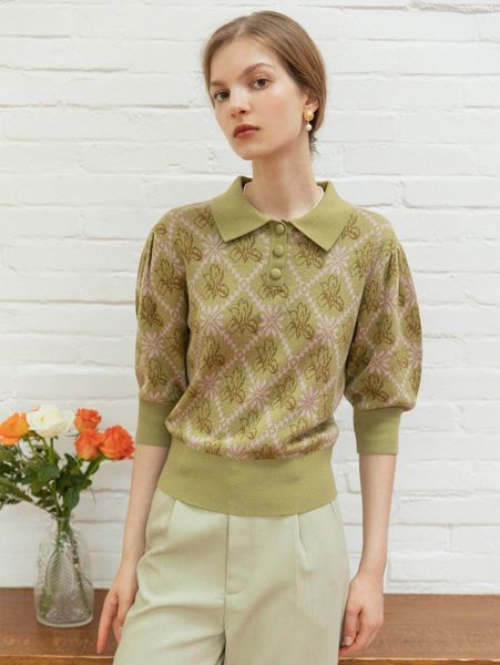 

simple retro floral pattern polo neck puff sleeve knit y1w4#, White;black