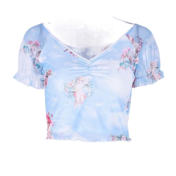 

women's tanks & camis summer crop pleated beach elastic v neck angel print fashion women t-shirt mesh casual slim short sleeve m2bo#, White