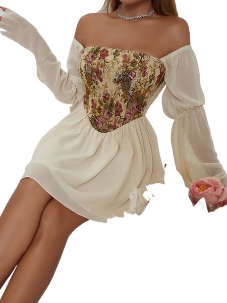 

floral print off shoulder bell sleeve shirred back dress z8jd#, Black;gray