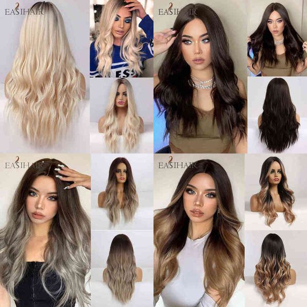 

easihair long body wave wigs ombre black brown blonde synthetic cosplay middle part natural heat resistant for women 220622