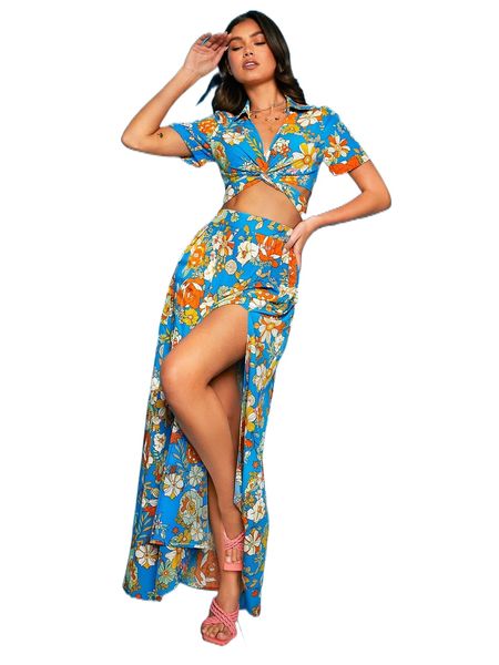 

floral print twist & split thigh tie back skirt 25wr#, White